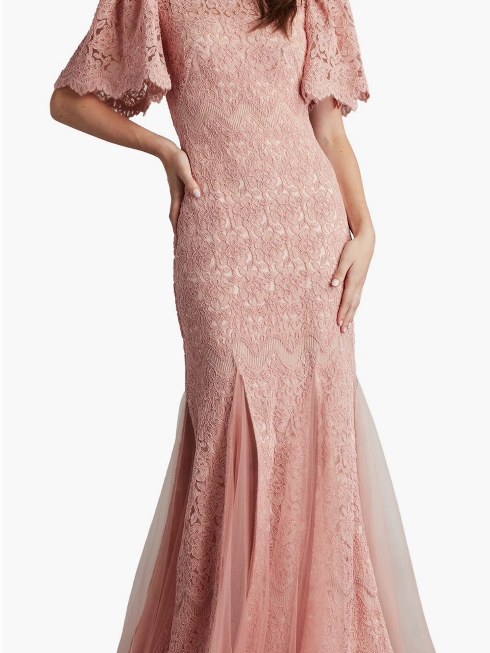 Tadashi Shoji Pink Lace Flutter Sleeve Trumpet Mermaid Gown NWT Sz 14 ($718)